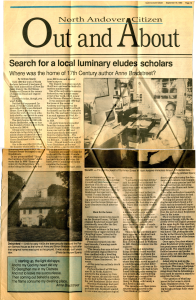 Anne Bradstreet home search featuring Forbes Rockwell, Jr. - North Andover Citizen Out and About newspaper page (Sept 19, 1990)