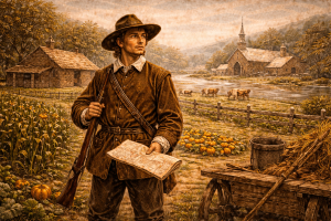 Colonial settler with musket and map in pumpkin field by barn and riverside church, historic autumn farm. AI Generated