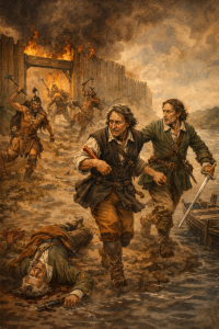 Historical battle painting: two men fleeing a burning wooden fort as warriors charge with weapons and a sword drawn. AI Generated