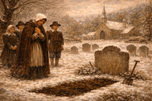 Puritan graveyard painting: mourners at a snowy colonial cemetery with open grave, shovel and church. AI Generated