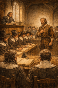 Colonial courtroom scene: accused man pleads before Puritan judges and scribes in a 17th‑century wooden trial chamber. AI Generated