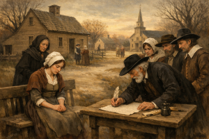 Colonial-era village scene: elder with quill pen signing a document as bonneted woman and townspeople look on. AI Generated