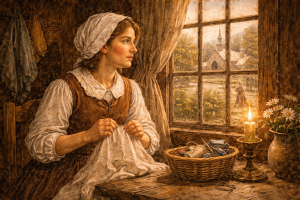 Seamstress sewing by window at candlelight in rustic cottage, basket of threads on table and church visible outside. AI Generated