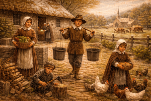 Colonial farm scene: children carrying buckets and baskets, chickens, rustic cottage and church in background. AI Generated
