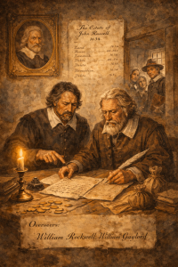 Candlelit 17th-century scene: two overseers signing an estate ledger with quill, coins and parchment on wooden table. AI Generated