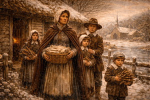 Colonial Pilgrim family in snowy village carrying basket and bundles of firewood with church in background. AI Generated
